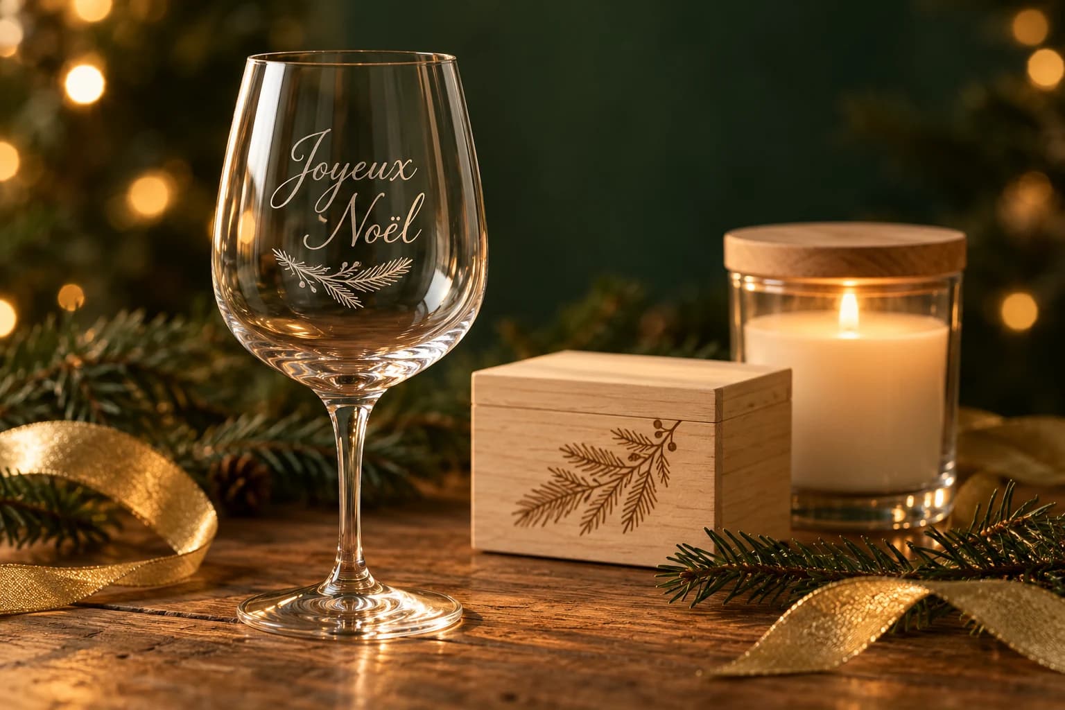 Inspiration de cadeaux de Noël : verre gravé, coffret bois et bougie.