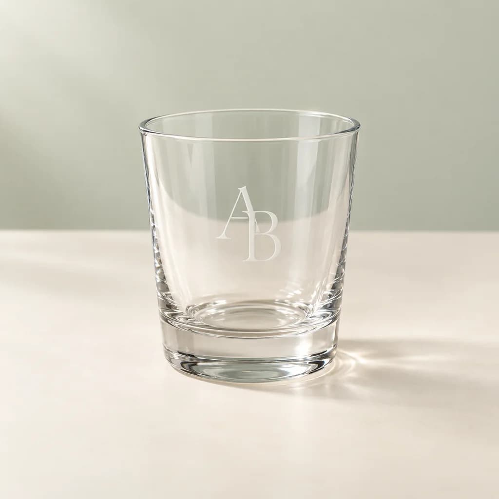 Verre portant un monogramme gravé, exemple de personnalisation pour une entreprise.