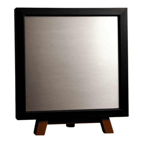 Brushed metal plaque with black frame and wooden stand.