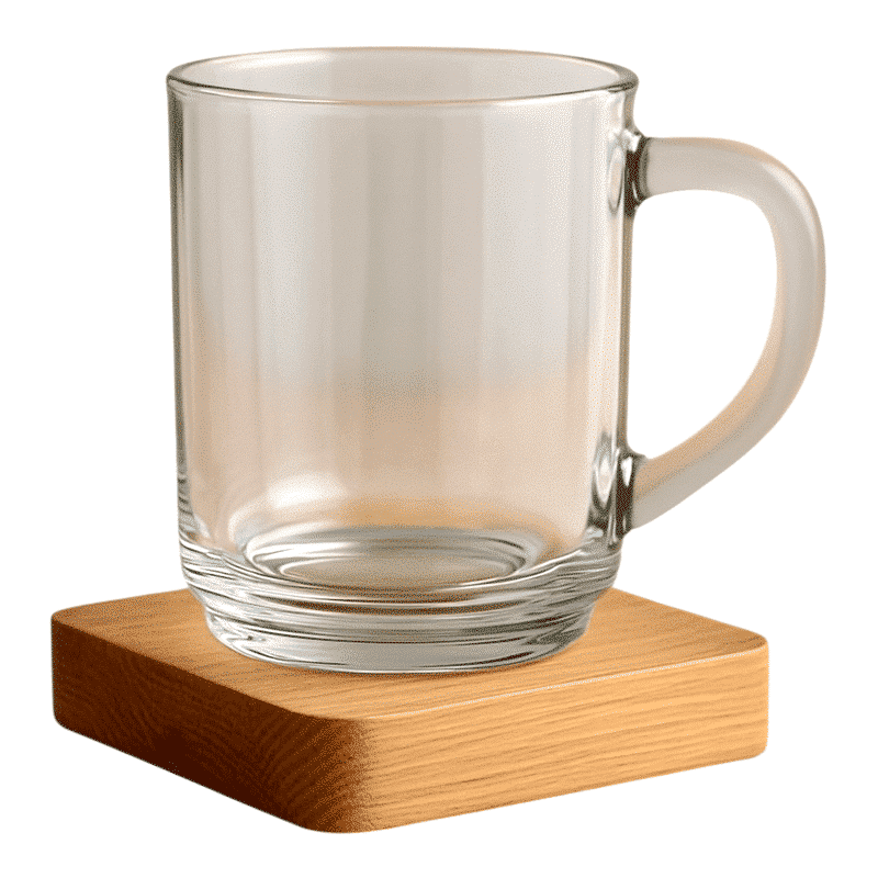 Transparent glass mug with handle resting on a square wooden coaster.