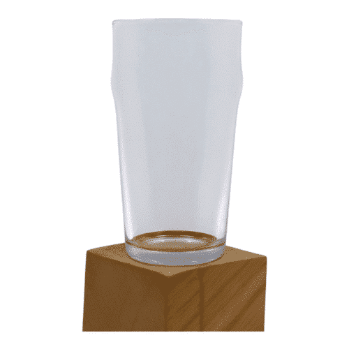 Clear pint glass with slightly curved top on wooden pedestal.