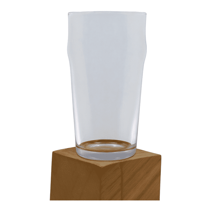 Clear pint glass with slightly curved top on wooden pedestal.
