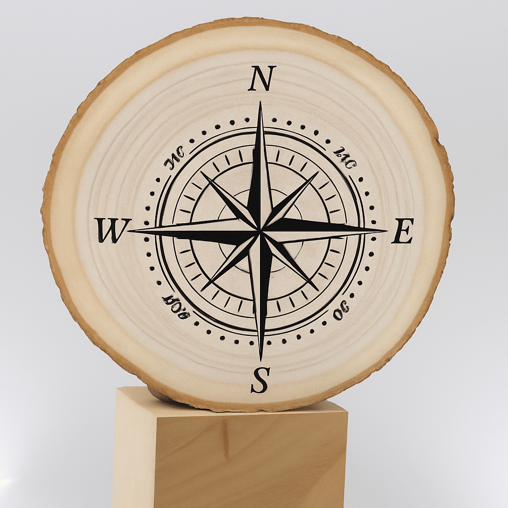 Round wooden slice engraved with compass rose and cardinal directions on wooden block.