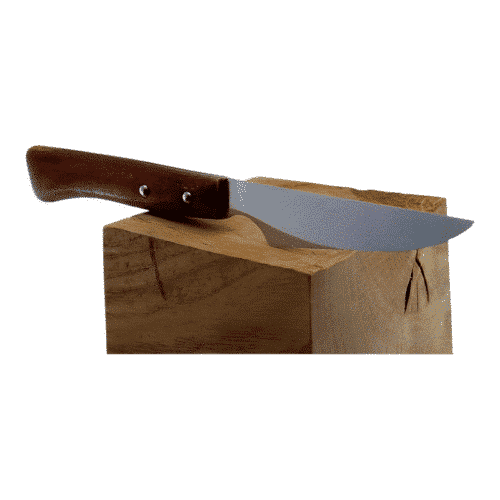 Handcrafted kitchen knife with wooden handle resting on wooden block, stainless steel blade.
