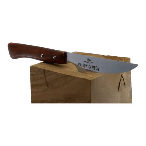 Wood-handled knife with engraved blade inserted in a wooden block.