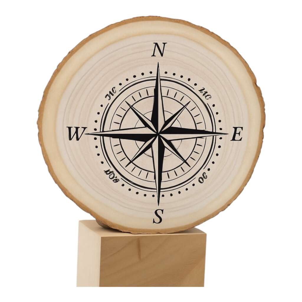 Round wooden slice engraved with a compass rose, mounted on a small wooden stand.