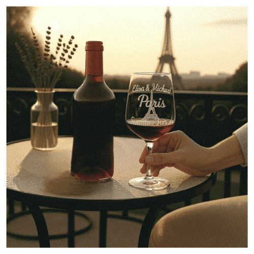 Hand holding a personalized wine glass engraved with 'Elisa & Michael Paris Summer 2025' next to a bottle on a Parisian balcony at sunset