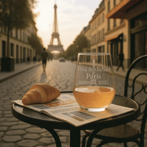 Wine glass personalized with 'Elisa & Michael Paris summer 2025' on a table with a croissant and Paris streetscape.