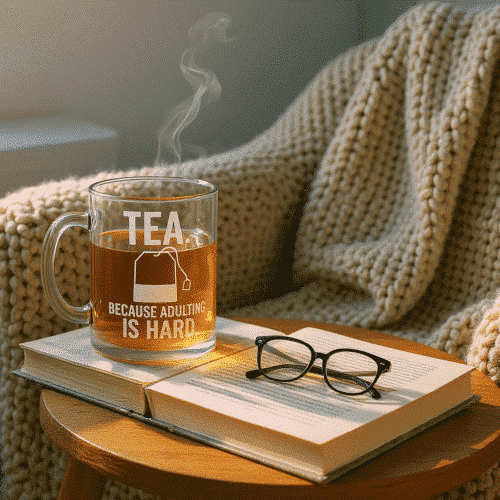 Glass mug filled with tea on a wooden table with 'Tea because adulting is hard' text and a cozy knit blanket in the background.
