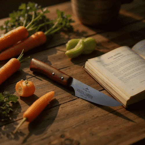 Still life with fresh carrots and herbs, a wood-handled knife, a halved kumquat, and an open book on a rustic table.