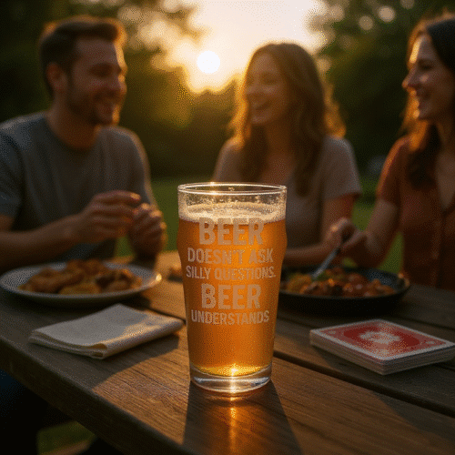Outdoor picnic scene with friends laughing and a pint of beer that reads “Beer doesn’t ask silly questions. Beer understands.” on a wooden table.