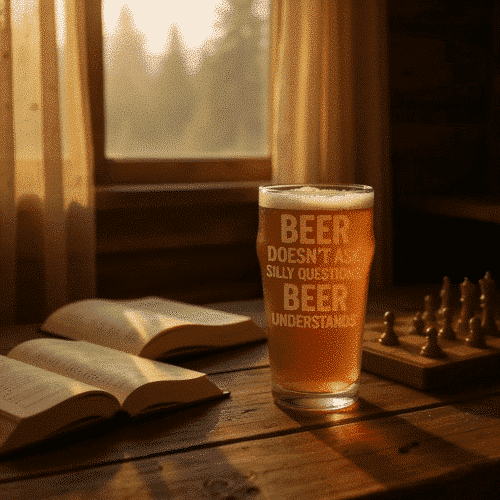 A pint glass of amber beer with the phrase “Beer doesn’t ask silly questions. Beer understands.” on a wooden table with open books and a chess set.