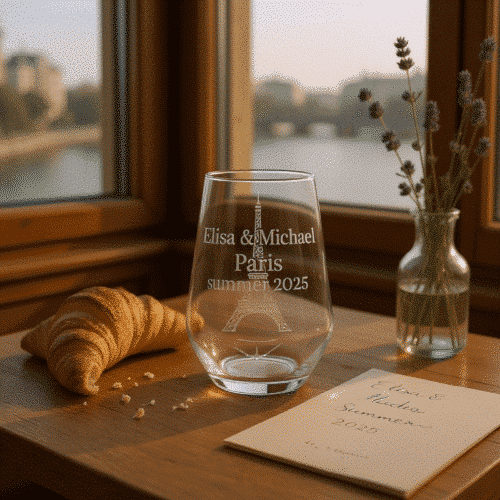 Personalized glass engraved with Eiffel Tower and names, next to a croissant and note on a window ledge overlooking a river.
